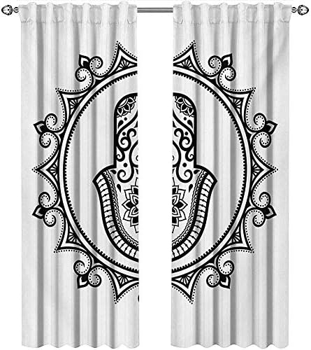 shenglv Evil Eye, Curtains Bedroom, Hamsa Hand Drawn Symbol with Evil Eye in Mandala Ethnic Amulet Mehndi Style, Curtains Kitchen Window Set, W108 x L108 Inch, Black and White