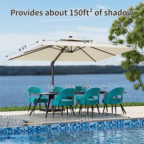 ZLACUIU 9x12FT Beige Cantilever Outdoor Patio Umbrella with Base, Large Rectangular Offset Design, Double Top Heavy Duty Aluminum Frame & 360° Rotation for Pool Garden Deck Backyard