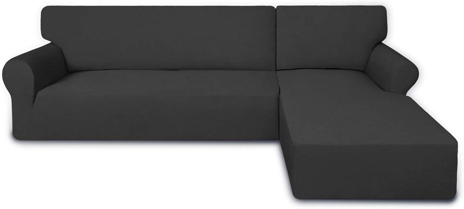 PureFit Super Stretch Sectional Couch Covers - 2 pcs Spandex Non Slip Sofa Covers with Elastic Bottom for L Shape Sectional Sofa Couch, Great for Kids & Pets (3 Seat Sofa + 3 Seat Chaise, Dark Gray)