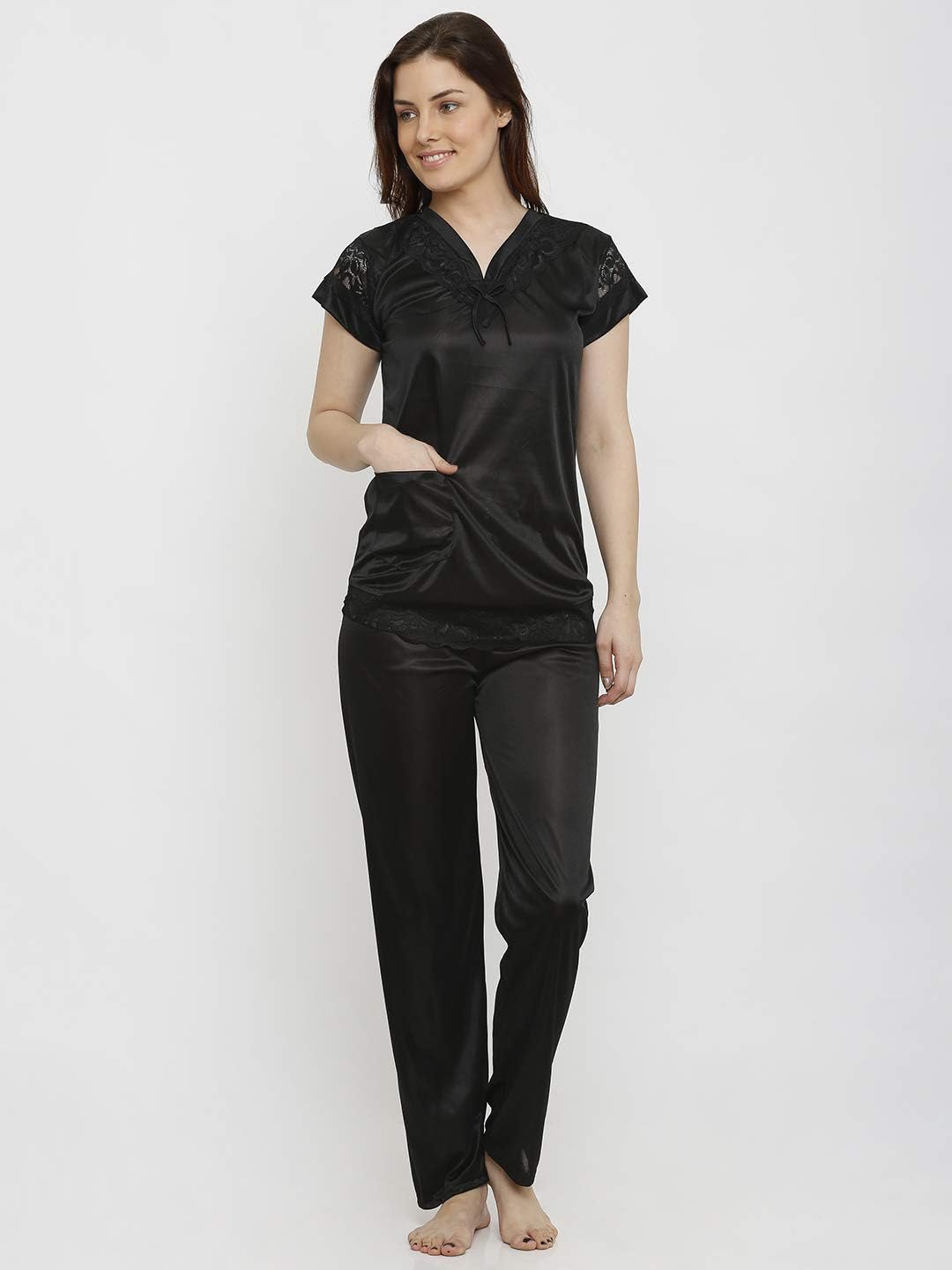 Women's Satin Top & Pyjama Set Black