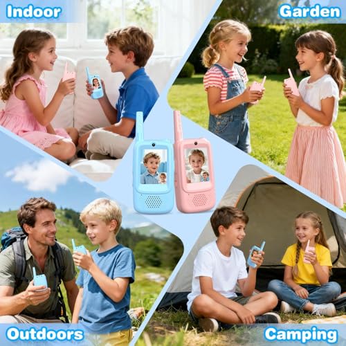 Kids Video Walkie Talkies Toys with Rotating Antenna & 2.0-Inch Screen - Dual-Camera Video Chat, USB-C Rechargeable with Lanyard, Colorful Gift for Interactive Play (Blue and Pink)