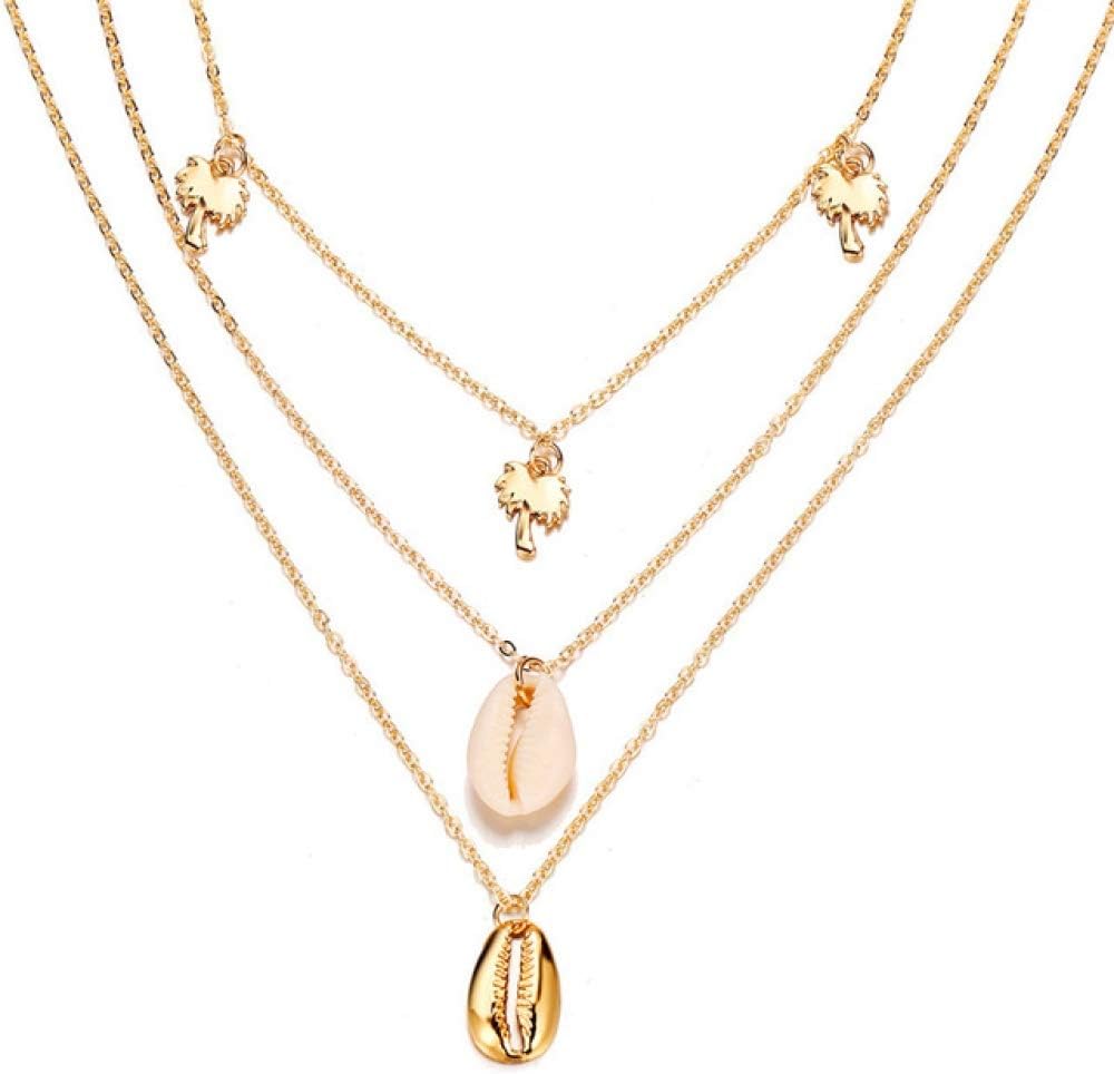 CWQAN Women'S Necklace,Gold Trees Shell Multilevel Necklace European And American Jewelry Ladies Handmade Shell Short Clavicle Necklace Bohemian Style
