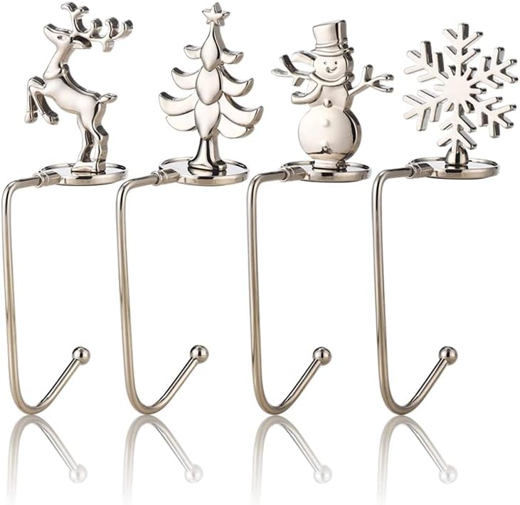 Ornament Hooks - DearSun Pack of 4, Christmas Stocking Holder Stocking Hanger Fireplace Hook Hanger for Christmas Decoration (Style C-4pcs Silver)