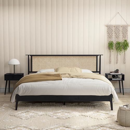 Photo 1 of NTC Ruby Wooden Bed Frame with Headboard and Natural Rattan, Solid Oak Foundation with Silent Slats, 1000 Lb Capacity, Effortless Assembly, King - Burnt Black