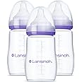 Lansinoh Anti-Colic Baby Bottles for Breastfeeding Babies, 8 Ounces, 3 Count, Includes 3 Medium Flow Nipples, Size M