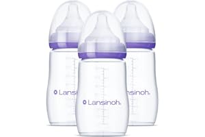 Lansinoh Anti-Colic Baby Bottles for Breastfeeding Babies, 8 Ounces, 3 Count, Includes 3 Medium Flow Nipples, Size M