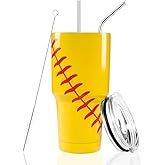 Joyclub 30oz Softball Tumbler Double Wall Stainless Steel Vacuum Insulated Tumbler Cup Travel Mug with Lid, Straw and Cleaning Brush for Coach (Softball)