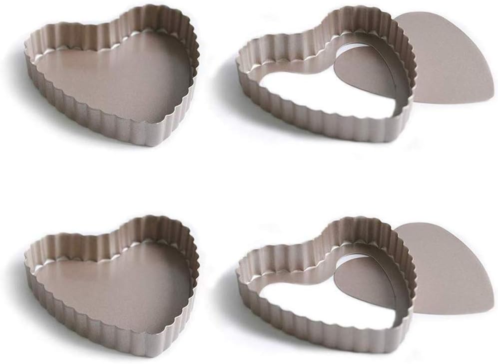 4 Inch Quiche Pie Mini Cake Tins Set of 4 Fluted Flan/Tart Pans with Removable Bottom, Heart Shaped, Non- Stick Coating,4pcs