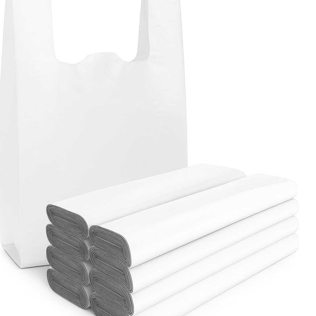 View 1 of [50 Count] White HDPE T Shirt Bags with Handles – Heavy Duty 26 Micron (?1 Mil) 11" x 6" x 21" (1/6 BBL) – Recyclable Takeout & Grocery Carryout Bags for Restaurants, Food Trucks, Bakeries & Retail