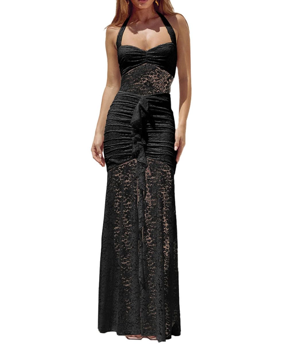 Photo 1 of ABINGOO Womens Sexy Halter Backless Maxi Dress Lace Ruched High Slit Summer Dresses Party Cocktail Prom Long Dress(Black,L)