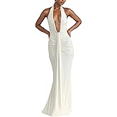 DINGANG Women's Sexy Halter Maxi Dress V Neck Sleeveless Bandage Ruched Bodycon Formal Cocktail Dresses