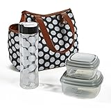 Fit & Fresh Westerly Insulated Lunch Bag Set for Women with Reusable Containers and 20 oz. Matching Water Bottle, Zipper Closure, Pocket, Black Double Dot