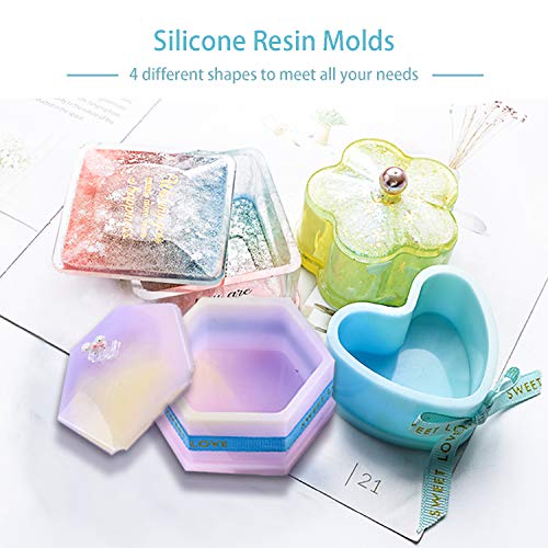 4 Pcs Box Resin Molds with lids, Silicone Jewelry Epoxy Mold Sets with Heart Shape, Hexagon, Square and Flower for Storing Earrings, Rings, Coins, Keys or Making Flower Pot, Ashtray, Pen&Candle Holder