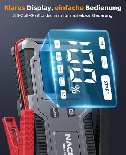 Starthilfe Powerbank 8000A,12V Batterie Booster (bis zu 9L Benzin und 7L Diesel), Auto Starthilfe mit integriertem Starthilfekabel, LED-Lampe & Display – ideal für SUV, Motorräder, Rasenmäher