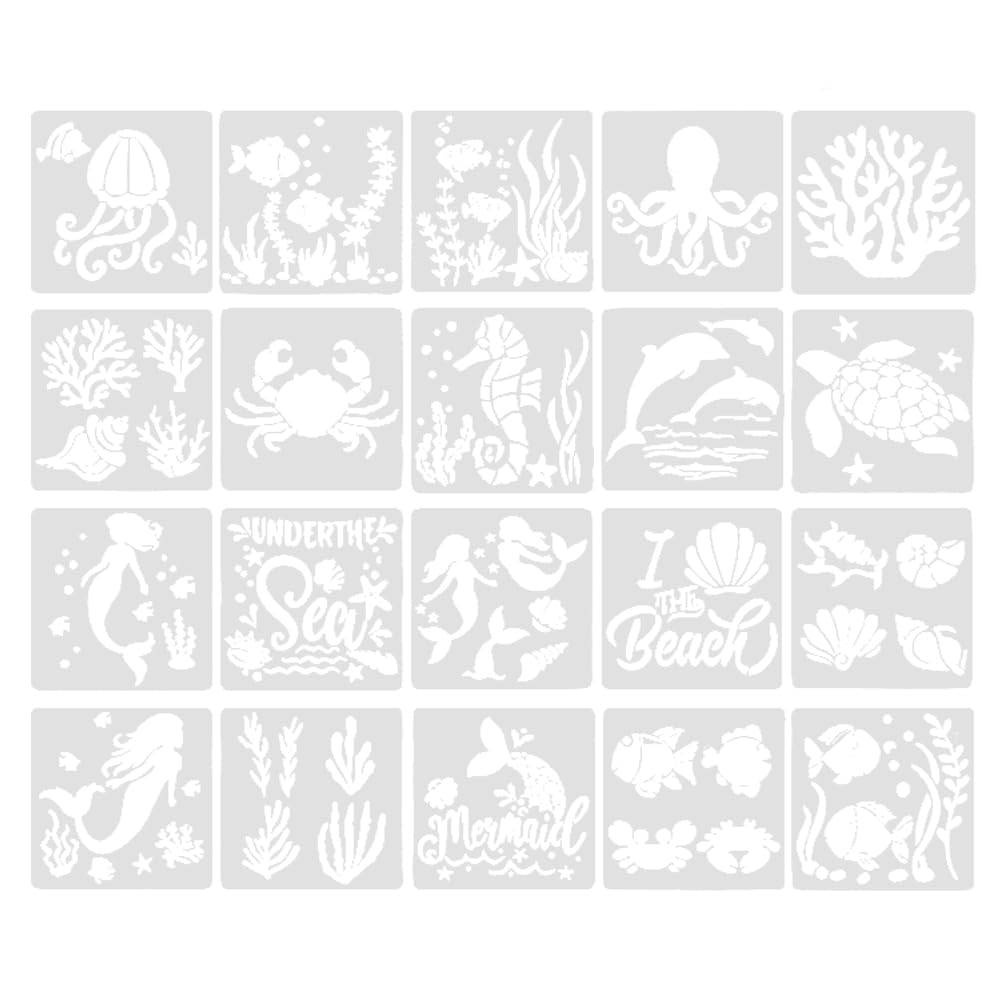 ONEBO 20 Pieces Marine Life Painting Template,Mermaid Sea Ocean Creatures Stencils,Reusable Sea Animal Drawing Stencils,for Painting,Wooden Furniture DIY Decoration