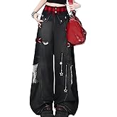 RILGOU Gothic Grunge Y2K Punk Style High Waist Straight Vintage Plaid Patchwork Star Rivets Decor Ripped Wide Leg Jeans