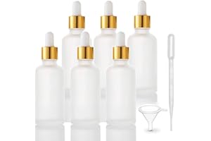 FURNIDO 6 Pack,Frosted Glass Dropper Bottle for Essential Oils,Empty Glass Liquid Holder With Glass Eye Dropper,Golden Caps Travel Perfume Cosmetic Container-Pipette&Funnel included (50ml/1.7 fl oz)