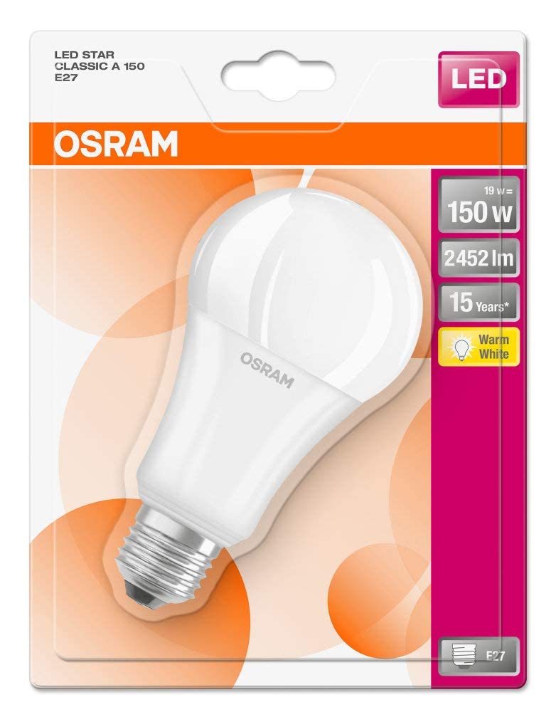 Osram LED Star Classic A/LED Lamp, Classic Bulb Shape with Screw Base: E27, 19 W, 220…240 V, 150 W Replacement, Frosted, Warm White, 2700 K, Pack of 1