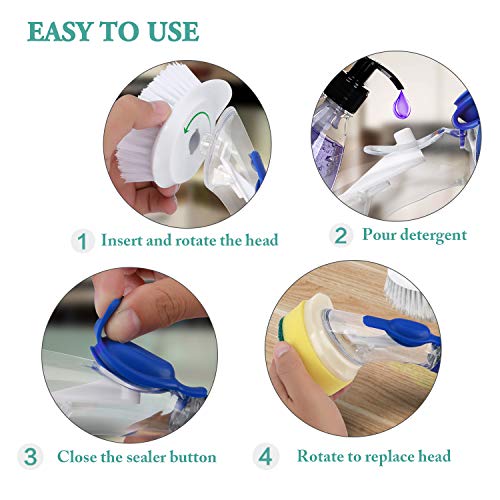 Soap Dispensing Dish Brush, Tearcam Kitchen Dish Cleaning Brush Pot Scrubber Cleaner with Non-slip Handle, Extra 2 Sponge Brush Heads
