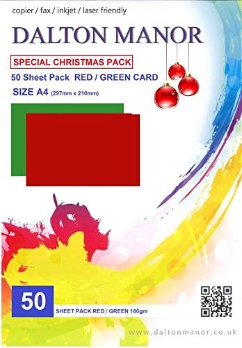 Dalton Manor - A4 50 Sheet Card Pack 160gm Christmas RED & Green Xmas Blank Card, Green,Red