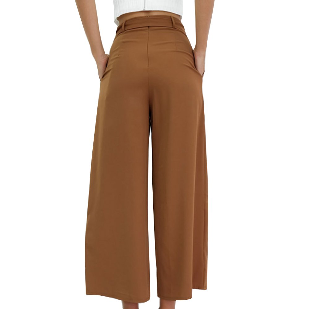 Women\'s Vintage Casual Loose Culottes High Waisted Wide Leg Belted Palazzo Pants Brown L