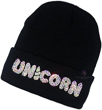 Handcrafted Unicorn BLING Beanie - Black Winter Knit Hat