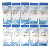 Size 1/0 Sabiki Sea Rigs 10 Packs: Fish Skin, Sparkling Feather and High Carbon Hooks