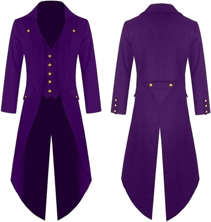 Men's Steampunk Vintage Tailcoat Jacket Gothic Victorian Frock Coat Uniform Halloween Costume,Purple,XXXXL