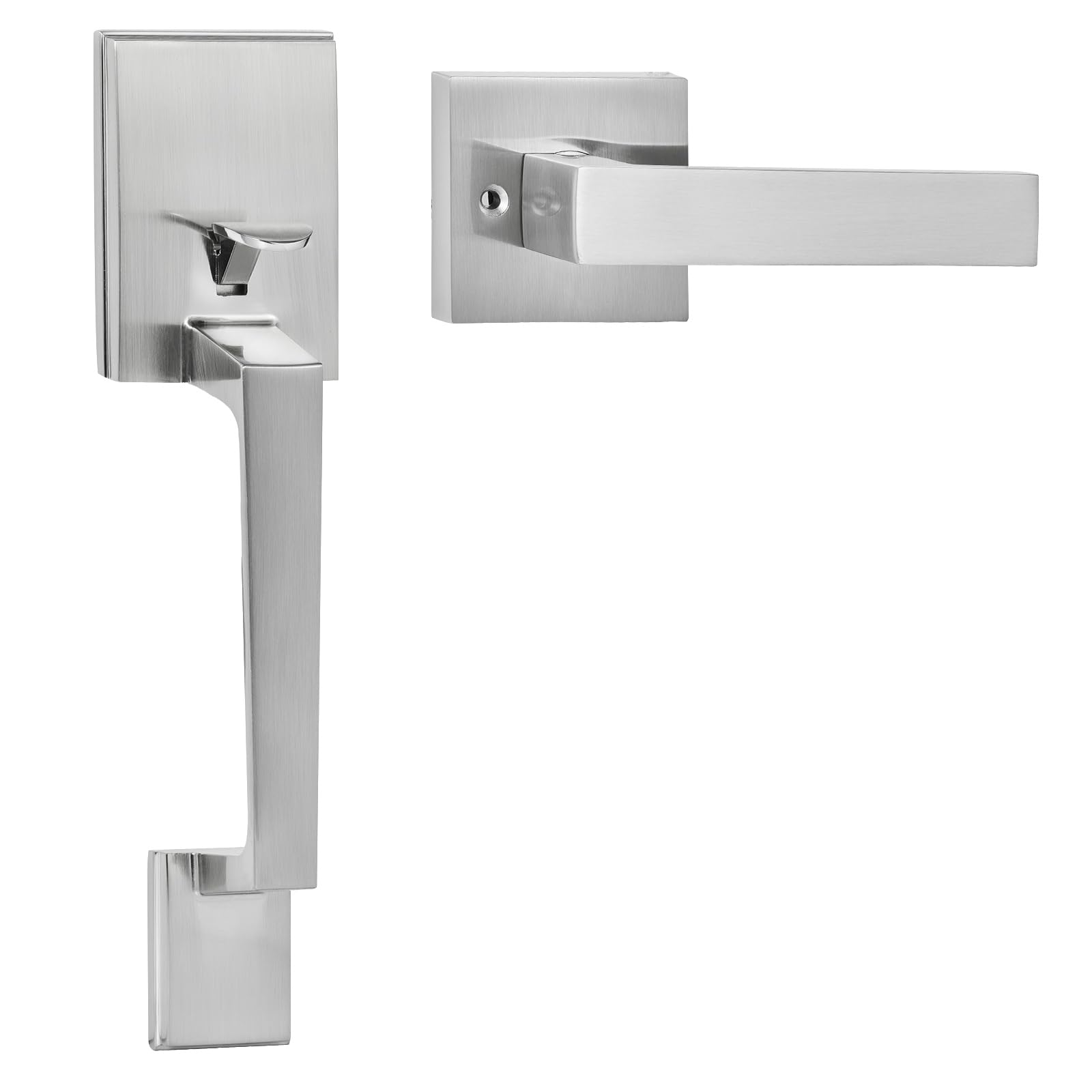 Photo 1 of VEVOR Front Door Handle, Satin Nickel Square Handle Set with Lever Door Handle No Lock, Adjustable Hole Space, Entry Door Handle with Reversible for Right and Left Handed Entrance and Front Door