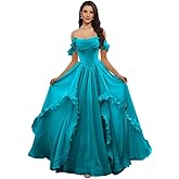 GEUOYEE Corset Organza Prom Dresses 2026 3D Flower Off The Shoulder Ball Gown A-Line Ruched Sweet Formal Foral Evening Gown