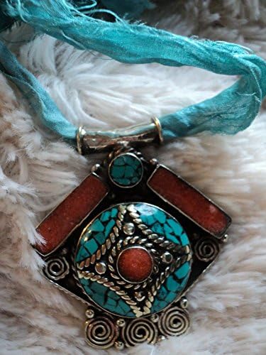 Tibetan pendant necklace, Turquoise and Coral pendant, Pendant is Saree Ribbon