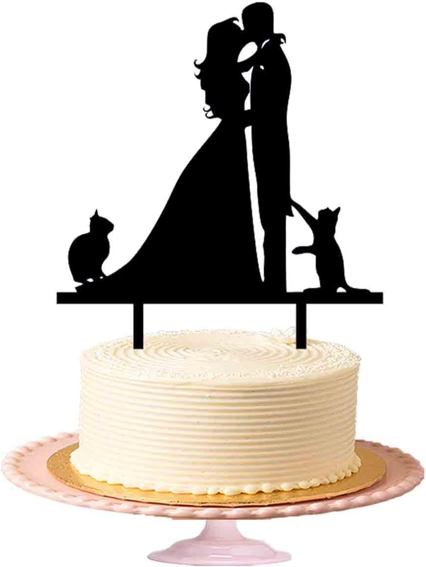 Kissing Couple With two cats wedding cake topper, Acrylic Cake Toppers in Black