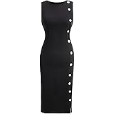winkbay Women's Summer Button Midi Tank Dress Elegant Crew Neck Bodycon Slit Business Casual Cocktail Dresses
