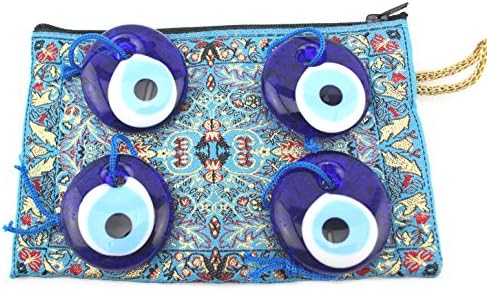 LUCKMOJO Set of 4 Evil Eye Charm Amulet 4cm Greek Wall Hanging Protection with an Embroidered Rug Coin Zip Purse