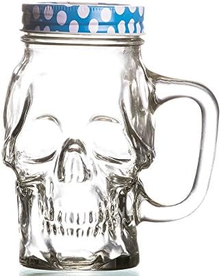 Godskitchen 350 ML (Set of 8) -Transparent Skull Head Glass Mason Jar with Multi-Colour Lids, Juice Water Glass Bottle.
