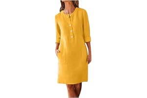 Shirt Dress for Women Button Down Knee Length Dresses Long Sleeve Collarless Work Dress Casual Midi Dress for Beach