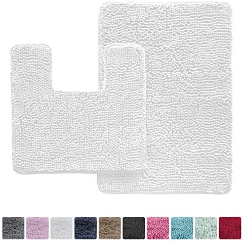 KANGAROO Original Shaggy Chenille Bathroom 2 Piece Rug Set Includes Contour Toilet Mat and 30x20 Carpet Mat, Machine Wash/Dry Mats, Absorbent, Plush Rugs for Children's Tub, Shower & Bath Room (White)