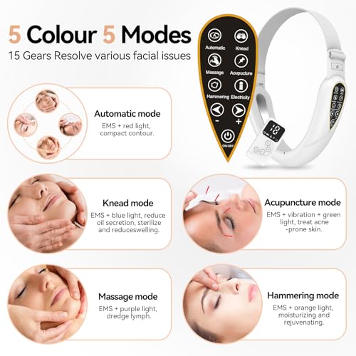 V-Face Shaping Massager Electric, EMS Facelifting Dispositivo 5 Modos 5 Niveles de Intensidad Azul Lámpara de Luz Roja Masajeador Facial Masajeador Facial V Shape Face Doppelkinn Reductor con Mando