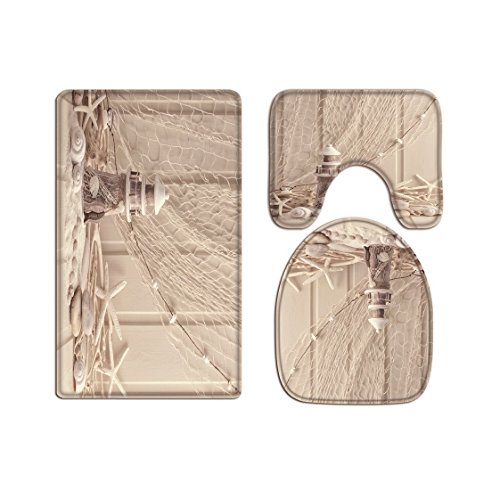 A.Monamour Beige Backgrounds Fishing Net Starfish Wooden Lighthouse Print Soft Flannel Cloth Washable Toilet Seat Covers Toilet Lid Covers Cushions Pads Skidproof Bath Mat Rug for Toilet Accessories