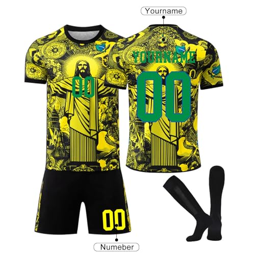 Generico Brazil Football Jersey with Your Name and Number for Child and Adult, Football Shirt Complete with T-Shirt Shorts and Socks Suitable