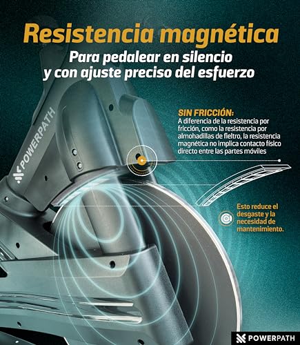 PowerPath - Bicicleta Estática para Spinning/Ejercicio en Casa, Disco de 13 kg, Bluetooth para APPs, Magnética, Robusta, Silenciosa con Monitor Electrónico, RPM - Bici Fija para Gym en Casa, Color Negro, Ajustable, 150 kg