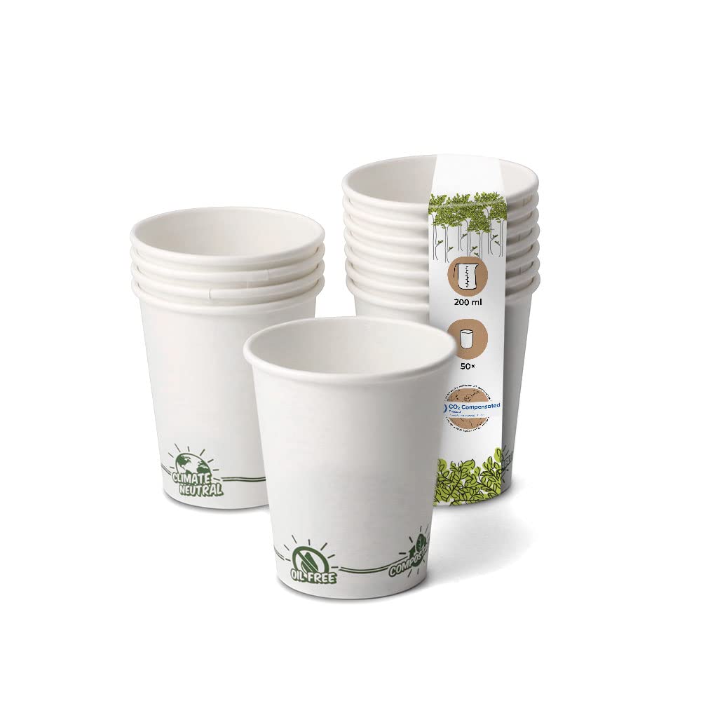 GREENBOX Recyclable Paper Cups Coffee White with EcoUp© Icon and PLA Coating I 50 Coffee to Go Disposable Cups Biodegradable 200 ml 8 oz I Coffee Cups Drinking Cups Disposable Cups