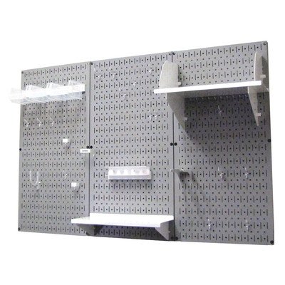 Wall Control 30-WRK-400 GW Pegboard Organizer 4' Metal Standard Tool Storage Kit with Gray Tool Board and White Accessories