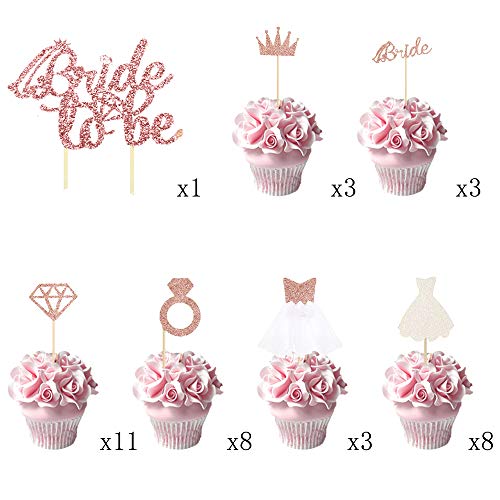 Bride to be Cake Topper Diamond Ring Wedding Dress Cupcake Toppers for Bridal Shower Decorations, Rose Gold Wedding Engagement Party Cake Decorations,37 Pcs