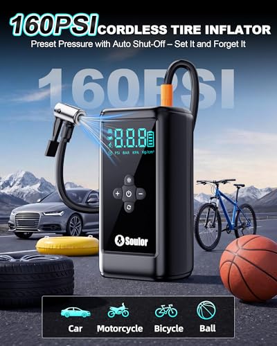 Car Battery Booster Jump Starter, 6000A Jump Starter with Air Compressor, Booster Pack with 160PSI Portable Tire Inflator (All Gas/14.0L Diesel), LED Light, EVA Case