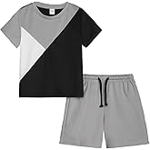 Ayzozuy Young Boy Clothes Colorblock Top + Drawstring Waist Shorts 2 Pieces Kid Summer Outfits Set