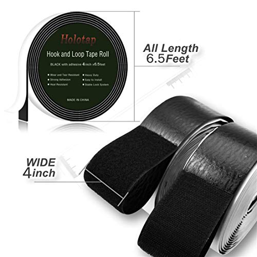 Holotap 4 Inch Wide 6.5 Ft Long Sticky Back Hook and Loop Tape Roll, Self Adhesive Fastener Strips, Black | 6.5ft x 4in Roll (4 Inch Wide Black)