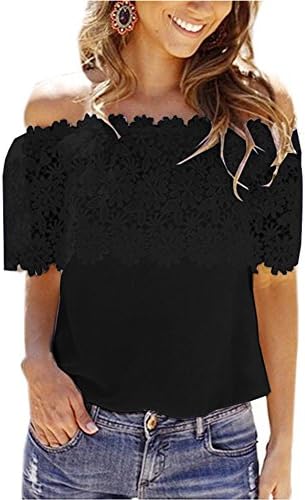 ELLEFAN Women's Off Shoulder Loose Stitching Lace T-shirt Black