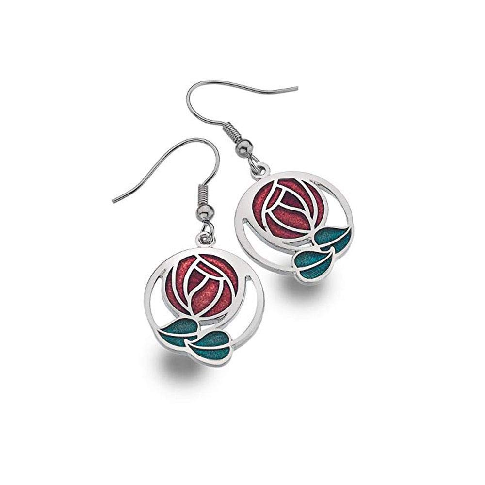 Rennie Mackintosh Inspired Rose and Leaf 20mm Hook Earrings (Red)