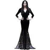 Pearl's Women's Mermaid Costume Maxi Dress V Collar Black Lace Dress Halloween Cosplay Party Gown Elegant Vestidos Lapel Rope (XS, Black)(A8-10-47JJ)